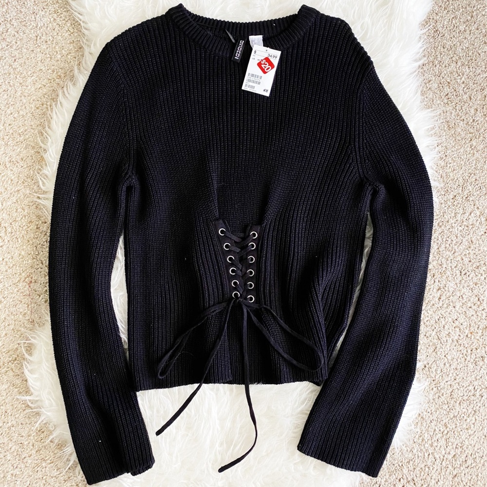 Black Knitted Long Sleeve with Corset Tie